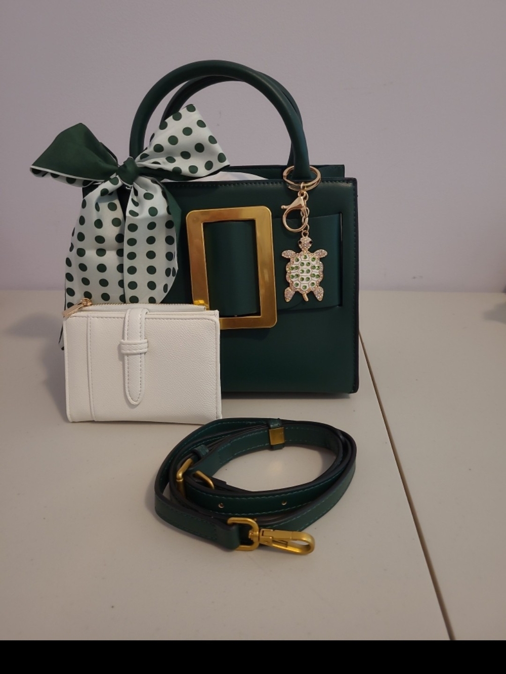 Green Structured Top-Handle Bag with Gold Hardware and Turtle Charm